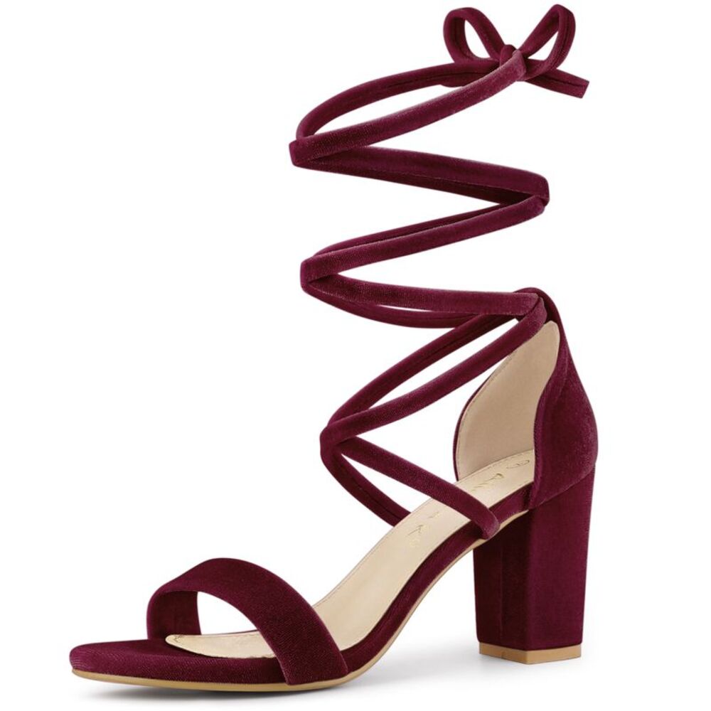 Faux Velvet Lace Up Chunky Heel Strappy Sandals Burgundy